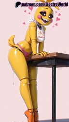 1girls 2025 ai_generated artist_name breasts bust chest colored_skin electroworld english_text female five_nights_at_freddy's fnaf furry gradient gradient_background heart hi_res high_quality high_resolution highres interspecies masturbation open_mouth patreon patreon_username pussy_juice sharp_teeth shirt smile solo stable_diffusion tail teeth toy_chica_(fnaf) trembling watermark yellow_skin