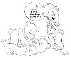 adventures_of_the_gummi_bears black_and_white bottomless closed_eyes clothed clothing crossover dialogue disney erection feral half-dressed kissing koda monochrome nude penis pussy pussy_juice signature speech_bubble tapering_penis whippytail