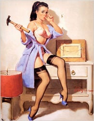 bathrobe black_hair black_stockings bra drawers elvgren female female_only garterbelt hairband hammer high_heels lamp long_hair painting photorealistic picture pinup ponytail realistic red_hairband retro_artstyle retro_artstyle_(western) shoes solo stockings suspenders tied_hair upskirt white_bra white_suspenders