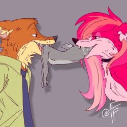 1boy 2d 2d_(artwork) 2girls anthro bunny canine digital_drawing_(artwork) disney eaten_alive fan_character fizzyfox_(artist) fox gray_body imminent_vore judy_hopps lagomorph mammal nick_wilde oc orange_body pink_body predator/prey same_size_vore self_insert self_upload swallowing vore zootopia