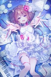 1girl anime_coloring antlers blue_background blue_eyes blunt_bangs blush bow brown_hair choker commentary_request deer_antlers dress flower frilled_dress frills from_above full_body glowing_particles hair_flower hair_ornament highres horns instrument kano_(utaite) layered_dress lying mochida_touri official_art on_back open_mouth outstretched_arms pastel_colors pen petals piano piano_keys pink_flower pink_ribbon purple_eyes ribbon rose sheet_music short_hair smile soft_shading solo sparkle striped_clothes thigh_strap water white_bow white_choker white_dress white_flower white_rose