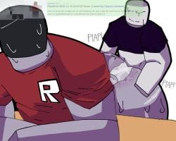 2boys anal_sex artlurkervx ass bent_over black_face black_shirt blocky_body bottomless femboy gay gay_sex grabbing_from_behind grey_body half-dressed huge_ass huge_cock looking_back male/femboy male/male male_only outlines pleasured_face red_shirt reference_image roblox roblox_avatar robloxian rule_34_comment self_upload shirt smaller_male smirking sweating t-shirt table table_sex thick_thighs white_body x-ray xray_view