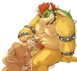 balls boulevard bowser collar cum fox_mccloud furry furry_only horn humanoid_penis male male_only mario_(series) nintendo nipples oral penis pubes star_fox tongue yaoi