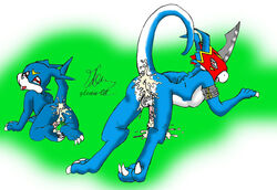 anthro anus ass balls blue_body claws cum cum_in_ass cum_inside cum_on_ass cum_on_penis digimon duo flamedramon glenn looking_at_viewer looking_back male male_only open_mouth penis pink_penis presenting presenting_hindquarters red_eyes veemon white_body