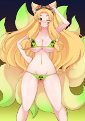 animal_ears bikini blonde_hair blush breasts cleavage facial_mark female fox_ears fur furry_ears furry_tail goggles goggles_on_head green_eyes hand_on_hip kitsune large_breasts long_hair multi_tail multiple_tails navel original pastelletta radiation_symbol raised_arm smile solo standing swimsuit tail very_long_hair wink