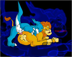 2boys all_fours anal anal_sex anthro anthro_on_feral anus balls blue_body claws closed_eyes crossover digimon disney doggy_style duo feline feral from_behind fur furry gay glenn interspecies lion male male_only mammal no_humans open_mouth paws penetration penis pink_penis sex simba the_lion_king veemon white_body yaoi yellow_fur zoophilia