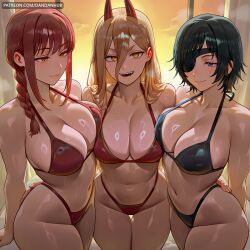 3girls ai_generated alternate_breast_size bikini black_bikini black_hair blonde_hair blue_eyes braid braided_ponytail breast_press breasts chainsaw_man cleavage closed_mouth collarbone cross-shaped_pupils dandanhub eyepatch female female_only hair_between_eyes hand_on_another's_ass highleg highleg_bikini himeno_(chainsaw_man) horns large_breasts long_hair looking_at_viewer makima_(chainsaw_man) multiple_girls navel open_mouth patreon_username power_(chainsaw_man) red_bikini red_hair red_horns sharp_teeth short_hair smile sunset swimsuit symbol-shaped_pupils teeth wet yellow_eyes