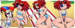 1boy 1boy2girls 2025 2girls 2girls1boy beach beach_towel belly_button bikini bikini_bottom bikini_top border brown_hair brown_hair_female button_eyes digital_drawing_(artwork) digital_media_(artwork) eyebrows_raised eyebrows_visible_through_hair female female_focus flat_chest flat_chested glitch_productions gooseworx hand_on_hip hat headwear kinger_(the_amazing_digital_circus) laying_down laying_on_stomach looking_at_another looking_at_viewer looking_back lying_down lying_on_stomach male multicolored_eyes navel pomni_(beach_outfit) pomni_(the_amazing_digital_circus) ragatha_(beach_outfit) ragatha_(the_amazing_digital_circus) red_hair red_hair_female sitting sitting_down small_breasts smile smiling smiling_at_another smiling_at_viewer smirk smirking smirking_at_viewer solo_focus standing sunglasses sunglasses_on_head swimsuit swimwear text the_amazing_digital_circus towel towel_around_neck wheatly101 white_body white_border white_skin
