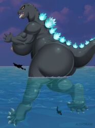 alerdraw barefoot big_ass big_breasts big_butt big_feet blush boat clawed_feet clawed_toes claws curled_toes female foot_fetish giant_ass giant_breasts giant_feet giant_monster giantess godzilla godzilla_(series) kaiju looking_at_viewer monster_girl muscular muscular_female shark size_difference soles swimming toe_curl toe_wiggle toes toho tongue_out