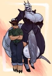 absurd_res aggron anthro balls big_balls big_breasts big_penis bra breasts clothing cowboy_hat duo footwear generation_3_pokemon generation_5_pokemon genitals gynomorph hat headgear headpat headwear hi_res high_heels huge_balls huge_breasts huge_penis hyper hyper_balls hyper_genitalia hyper_penis intersex intersex/male larger_gynomorph larger_intersex male mrs._sterling_(ncrgatorness) nintendo penis pokemon pokemon_(species) sandile shoes size_difference smaller_male suit tail thick_tail tigersouldd underwear