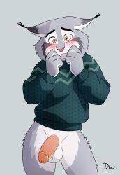 2025 absurd_res anthro artist_logo balls biped black_ear_tips black_eyebrows blush blush_lines bottomless bottomless_anthro bottomless_male canada_lynx clothed clothed_anthro clothed_male clothing darkwolf79 digital_media_(artwork) dipstick_ears disney ear_markings ear_tuft embarrassed erection eyebrows felid feline fingers fur genitals glans glistening glistening_eyes glistening_genitalia glistening_glans glistening_penis green_clothing green_sweater green_topwear grey_background grey_body grey_fur hi_res humanoid_genitalia humanoid_penis logo looking_at_viewer lynx male male_anthro male_only mammal mouth_closed multicolored_body multicolored_ears multicolored_fur orange_eyes pawbert_lynxley penis pink_glans pink_nose pink_penis simple_background solo sweater sweater_only topwear topwear_only tuft white_balls white_body white_fur zootopia