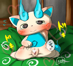 blush censored female heart heart-shaped_pupils japanese_text komasan pussy rule_63 symbol-shaped_pupils tears text translation_request yo-kai_watch 木々助