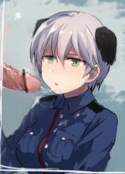 :o after_fellatio animal_ears bar_censor censored clothing cum cum_on_body cum_on_clothes cum_on_upper_body cum_string dog_ears facial female green_eyes hashigo laura_toth long_sleeves medium_breasts military military_uniform open_mouth penis pointless_censoring short_hair silver_hair solo_focus strike_witches uniform upper_body very_short_hair