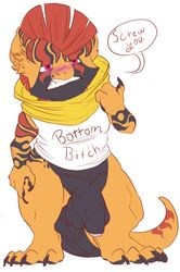 1boy angry anthro anthrofied balls beelzemon_(artist) blush bottomless claws clothed clothing dialogue english_text flaccid flat_colors front_view gaël_the_scrafty half-dressed looking_at_viewer male male_only muscles nintendo open_mouth partially_retracted_foreskin penis pokemon scarf scrafty shirt solo speech_bubble standing stripes talking_to_viewer tank_top teeth text thick_thighs uncut video_games