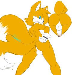 1boy androgynous anthro ass balls big_butt blue_eyes butt canine femboy feminine_male fox fur furry furry_only furry_tail girly looking_at_viewer male male_anthro male_only mammal moneychan multiple_tails penis presenting solo sonic_(series) tail tails trap wide_hips