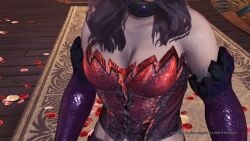 1080p big_breasts breasts capcom cherry_blossoms close-up collarbone corset curvaceous curvy_hips demonlord_(armor) elizabeth_(huntress) female game_screenshot glowing_armor half-dressed hunter_(monster_hunter) light-skinned_female long_hair midriff mole_on_breast monster_hunter monster_hunter_(series) monster_hunter_world original_character purple_panties redhead_female ribbon savage_deviljho_(armor) straight_hair thick_thighs toned_female toned_stomach yian_garuga_(armor)