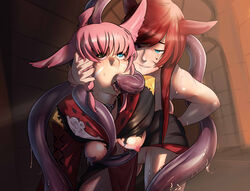 2girls bent_over breasts brown_hair cat_ears cat_girl facial_marks female final_fantasy final_fantasy_xiv heterochromia john_doe long_hair miqo'te multiple_girls nipples oral_insertion pink_hair sabrith_ebonclaw saliva short_hair sweat tayelle_ebonclaw tentacle torn_clothes yuri