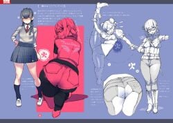 ass belt bike_shorts bracelet braid bun_cover chun-li chun-li_(cosplay) claire_redfield_(cosplay) commentary_request cosplay denim denim_shorts double_bun female flexible from_behind glasses hair_bun highres jacket jeans jewelry long_hair looking_back micro_shorts multiple_views namaniku_atk original original_character pants partially_translated red_background resident_evil resident_evil_2 sharp_teeth shorts spiked_bracelet spikes split standing standing_on_one_leg standing_split street_fighter sword sword_on_back tajiri-san teeth thighs translation_request weapon weapon_on_back