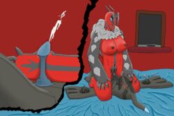animal_genitalia anthro areola bed blush breasts claws clitoris cum cumshot duo erection female female_on_top fur genital_slit lying male neck_tuft nintendo nipples nude on_back on_bed on_top open_mouth orgasm penis pokemon pokemon_(species) pussy pussy_juice sex simple_background sitting slit smile straight tail_sex tailjob toned tongue tuft video_games yveltal zekrom