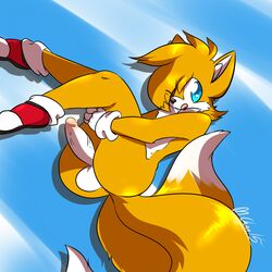 1boy androgynous anthro ass balls blue_eyes canine femboy fox fur furry_tail girly licking_lips male male_anthro male_only mammal moneychan multiple_tails penis solo solo_male sonic_(series) tail tails trap