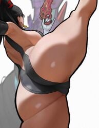 1girls ass bayonetta bayonetta_(character) black_hair earrings elbow_gloves from_behind glasses hair_ribbon huge_ass large_breasts leg_lift long_hair sideboob simple_background solo spiralnoww thick_thighs white_background white_gloves