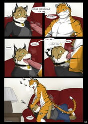 abs anthro blackmailz clothed clothing comic dialogue duo english_text erection feline forced forced_oral humanoid_penis isaac ivan licking lynx male mammal nude oral oral_penetration panting penetration penis sex text tiger tongue tongue_out yaoi