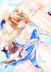 2girls ass big_breasts breasts brown_eyes brown_hair catfight dead_or_alive defeated defeated_female defeated_heroine exposed_breasts fatal_fury female female_only kasumi_(doa) king_of_fighters kunoichi long_hair mai_shiranui maruto_(marutohonpo) ninja ponytail ryona thighhighs white_thighhighs yqgkg wrestling underwear panties blue_underwear blue_panties