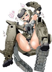 armpits arms_up blonde_hair blue_eyes clothed_masturbation clothing female femcum_under_clothes frame_arms_girl gourai hat looking_at_viewer masturbation masturbation_through_clothing mecha mecha_musume open_mouth panties pussy_juice sasayuki short_hair spread_legs striped striped_panties trembling underwear wet_panties