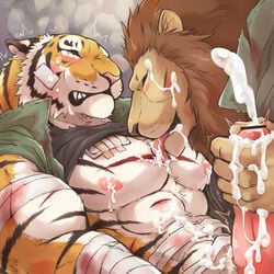 feline giraffe_(artist) licking lion male mammal penis tiger tongue tongue_out yaoi