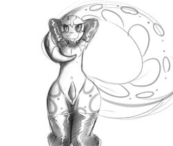 2015 animal_genitalia anthro big_tail blush clothing elbow_gloves erection front_view gecko genital_slit girly gloves hands_behind_head kemonoruka legwear lizard looking_at_viewer male monochrome penis reptile rivia_green scalie sketch slit smile solo standing tapering_penis thigh_highs tongue tongue_out wide_hips