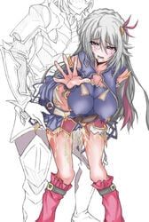 armor bare_shoulders boots breasts cleavage cum detached_sleeves eleonora_viltaria frills grey_hair hair_ornament long_hair madan_no_ou_to_vanadis midriff netorare nipples ntr open_mouth pants pink_eyes saliva sex short_hair skirt tears zion_thenardier