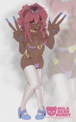 1boy 2d acrylic_nails alternative_fashion anthro anthro_only artist_logo bear bedroom_eyes blue_clothing blue_fingernails blue_footwear blue_high_heels blue_nails bra brown_body bulge choker clothed clothed_male clothing color colored_fingernails colored_nails crossdressing crossdressing_male double_peace_sign eyeshadow femboy femboy_only fingernails footwear full_color gesture hair hand_gesture hi_res high_heels j-fashion knock-kneed lace lace_bra legwear lingerie lips long_fingernails long_nails makeup male male_anthro male_only mammal milkbearbunny moobs nails narrowed_eyes necklace non-nude original original_character panties peace_sign pecs pink_hair rina_(milkbearbunny) seductive shoes sissy small_waist solo standing stockings thick_bottom_lip thigh_highs thong twintails_(hairstyle) v_sign wide_hips