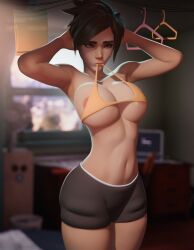 1girls 3d 3d_(artwork) areola_slip areolae_peeking arms_behind_head arms_up athletic_female big_breasts breadblack clothed female female_focus female_only freckles freckles_on_ass human human_only light-skinned_female light_skin looking_away navel overwatch pale-skinned_female pale_skin pulling_clothing short_hair short_shorts simple_background solo solo_female solo_focus thick_thighs toned toned_belly toned_body toned_female toned_stomach top_pull tracer