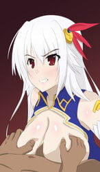 armor bare_shoulders blush breasts cleavage_cutout dark_skin detached_sleeves eleonora_viltaria female hair_ornament long_hair madan_no_ou_to_vanadis male open_mouth paizuri red_background red_eyes straight white_hair zion_thenardier