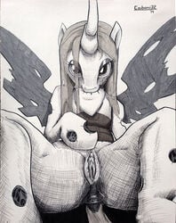 anus caboni32 changeling equine friendship_is_magic heart horn horse mammal monochrome mouth_hold my_little_pony pony pussy queen_chrysalis_(mlp) smooth_skin spreading wings