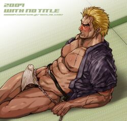 1boy 2004 art_of_fighting balls blonde_hair blush dated erection fundoshi gay japanese_clothes king_of_fighters male male_only mr_karate muscular nipples penis pubic_hair ryo_sakazaki snk solo sweat sweatdrop tan_skin vein video_games white_fundoshi with_no_title yaoi