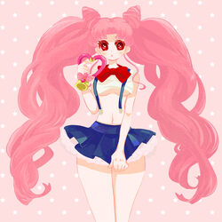 bishoujo_senshi_sailor_moon blush breasts chibi_usa clothing huge_breasts large_breasts open_mouth pink_hair pulling_down red_eyes rinako_(rococo) school_uniform schoolgirl shirt shirt_lift short_skirt skirt small_breasts small_clothes stomach suspenders thighs tied_hair twintails underboob uniform