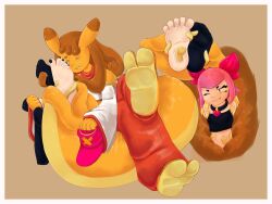 2girls absorption_vore black_toenails brawl_stars dafinity0 feet foot_fetish foot_lick melodie_(brawl_stars) oc one_eye_closed one_sock original_character painted_toenails socks soles tail_vore tickling tickling_feet trying_not_to_laugh