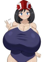 1girls big_breasts black_hair blue_eyes breasts cleavage female female_focus female_only huge_breasts jaga334 large_breasts my_hero_academia short_hair shortstack solo white_background yui_kodai