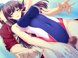 1girls adjusting_hair black_hair blush breasts censored female from_below game_cg highleg highres large_breasts legs long_hair looking_down marushin_(denwa0214) mosaic_censoring open_mouth outercourse penis red_eyes shinohara_katsumi short_hair sleeveless smile standing supokon!_sports_wear_complex swimsuit thigh_sex thighs