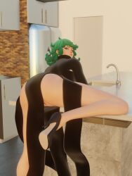 1girls 3d artist_request ass_focus bending_over black_dress bottomless clothed convenient_censoring female female_only green_hair kiriko_(overwatch) one-punch_man overwatch overwatch_2 solo tagme tatsumaki_(cosplay) terrible_tornado_kiriko