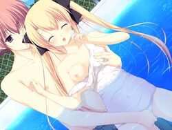 1boy areas_~koi_suru_otome_no_3h~ blonde_hair breast_grab breasts closed_eyes female fingering game_cg mikage_yuuya miyasaka_miyu one-piece_swimsuit one_piece_swimsuit open_mouth pool ryiz_flannel swimsuit water