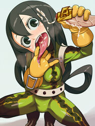 1boy 1girls amphibian asui_tsuyu black_eyes black_hair blush bodysuit boots breasts censored clothing cum cum_in_hair cum_in_mouth cum_inside cum_on_hair cum_on_penis faceless_male female frog frog_girl gloved_handjob gloves hair_rings handjob human kuroshin long_hair long_tongue low-tied_long_hair male mammal monster_girl my_hero_academia orgasm penis saliva skin_tight solo_focus straight tongue tongue_out tsuyu_asui