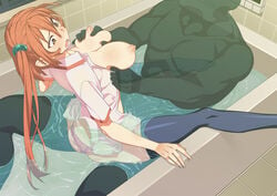 alan_smithee areolae ass bath bathtub black_legwear blush body_control breast_grab breasts female highres large_breasts legs long_hair my_lonely_never_ending_game_of_hide_and_seek nipples no_bra open_clothes open_mouth orange_eyes orange_hair panties panties_aside rape sex side_ponytail sitting sitting_on_person solo_focus spread_legs tears thighs underwear water wet