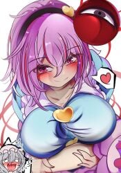 2girls big_breasts blush blush_lines breasts clothed_female headband kna28064212 light-skinned_female pink_eyes pink_hair remilia_scarlet satori_komeiji smile spoken_heart teasing third_eye touhou white_background