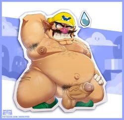 1boy arm_behind_head armpit armpit_hair balls ballsack belly big_belly boner chest_hair el_booki erection fat fat_belly fat_man gay green_shoes grin hat human looking_at_viewer male male_nipples male_only mario_(series) moobs moustache musk musk_clouds nintendo nipples nude obese obese_male overweight overweight_male penis pubic_hair solo solo_male sweat sweating wario water_drop yellow_hat