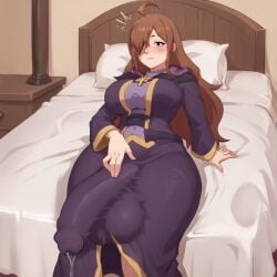 1futa ahoge ai_generated brown_hair bulge_grab bulge_through_clothing bulge_under_clothes erect_penis erection futa_only futa_sans_pussy futanari hair_between_eyes huge_cock kono_subarashii_sekai_ni_shukufuku_wo! large_balls large_penis purple_dress smug_face spartan25 wiz_(konosuba)