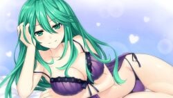 arm_under_breasts ass_visible_through_thighs bare_arms bare_belly bare_legs bare_shoulders bare_thighs belly_button big_breasts blush breasts cleavage closed_mouth collarbone date_a_live date_a_live:_ren_dystopia game_cg green_eyes green_hair hand_on_head kyouno_natsumi kyouno_natsumi_(adult) lingerie long_hair official_art panties purple_bra purple_lingerie purple_panties shiny_skin smile strap_slip thighs tsunako underwear