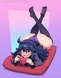 1girls ai_generated blush clothed clothing female funnygrifter hairband heart hex_maniac holding_object huge_ass legs_crossed legs_up long_hair messy nail_polish on_stomach open_mouth panties pillow pokemon pokemon_xy purple_hair shiny_skin simple_background smile solo spiral_eyes thighhighs