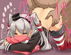 1boy all_fours amatsukaze_(kantai_collection) ass bottomless cassandra_(seishun_katsu_sando) clothed_female_nude_male covered_mouth doggy_style fat_man female heart kantai_collection long_hair pillow pillow_hug pillow_over_mouth school_uniform serafuku sex silver_hair sketch solo_focus straight sweat tears top-down_bottom-up trembling